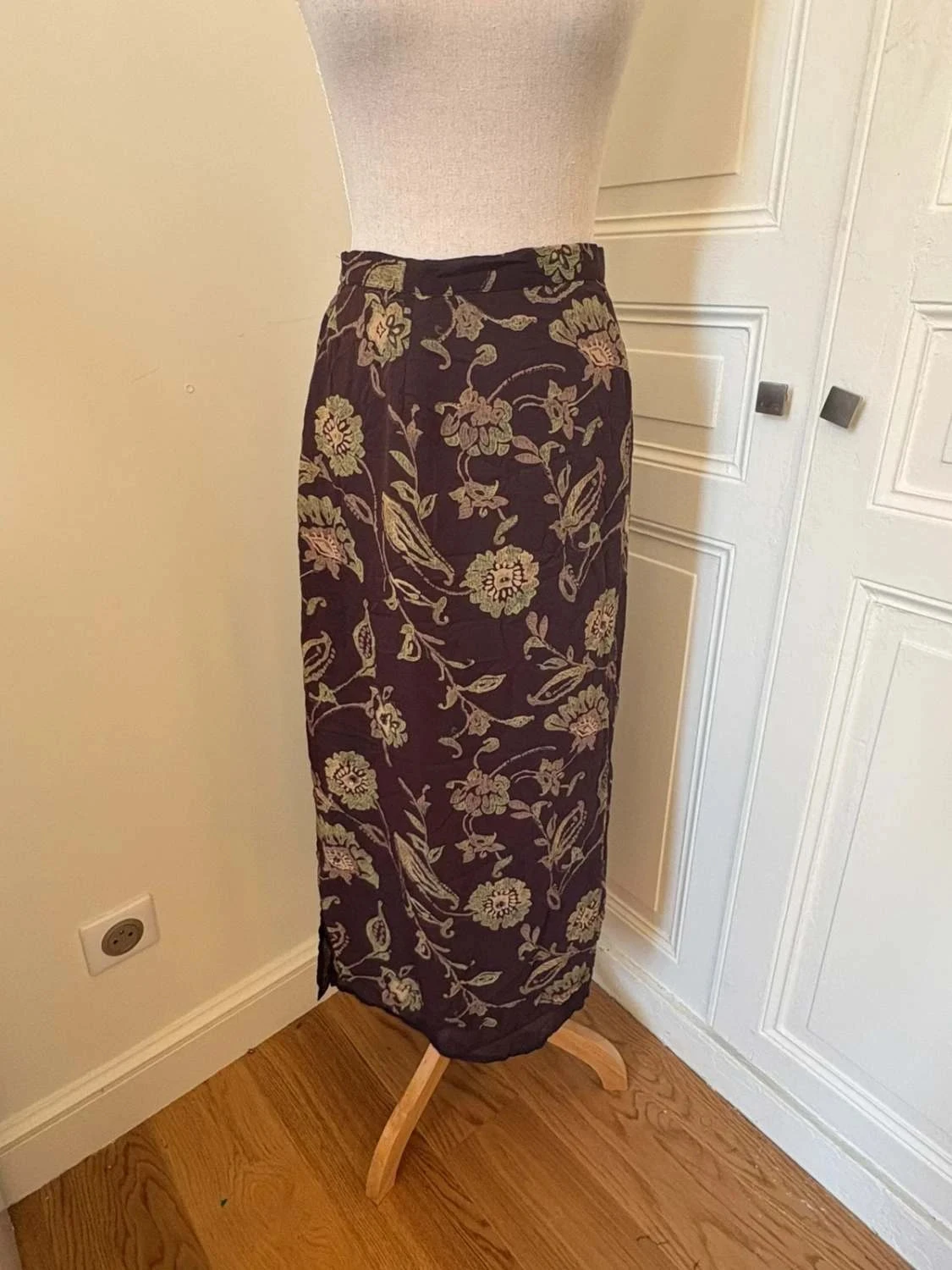 Jupe vintage longue marron fleurs bohème rétro midi fluide droite fendue Y2K taille 14 XL Kathie Lee